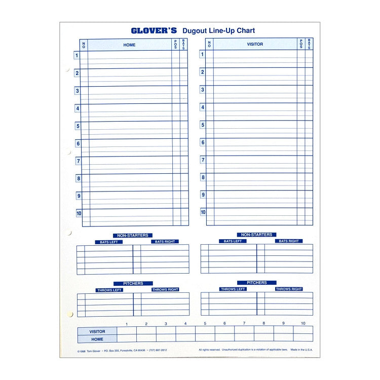 Glover's Baseball/Softball Dugout Line-Up Chart-Refill (BB-102)